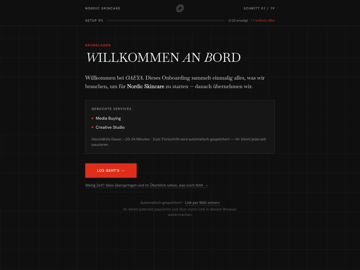 OAEYA Client-Onboarding — Willkommensschritt