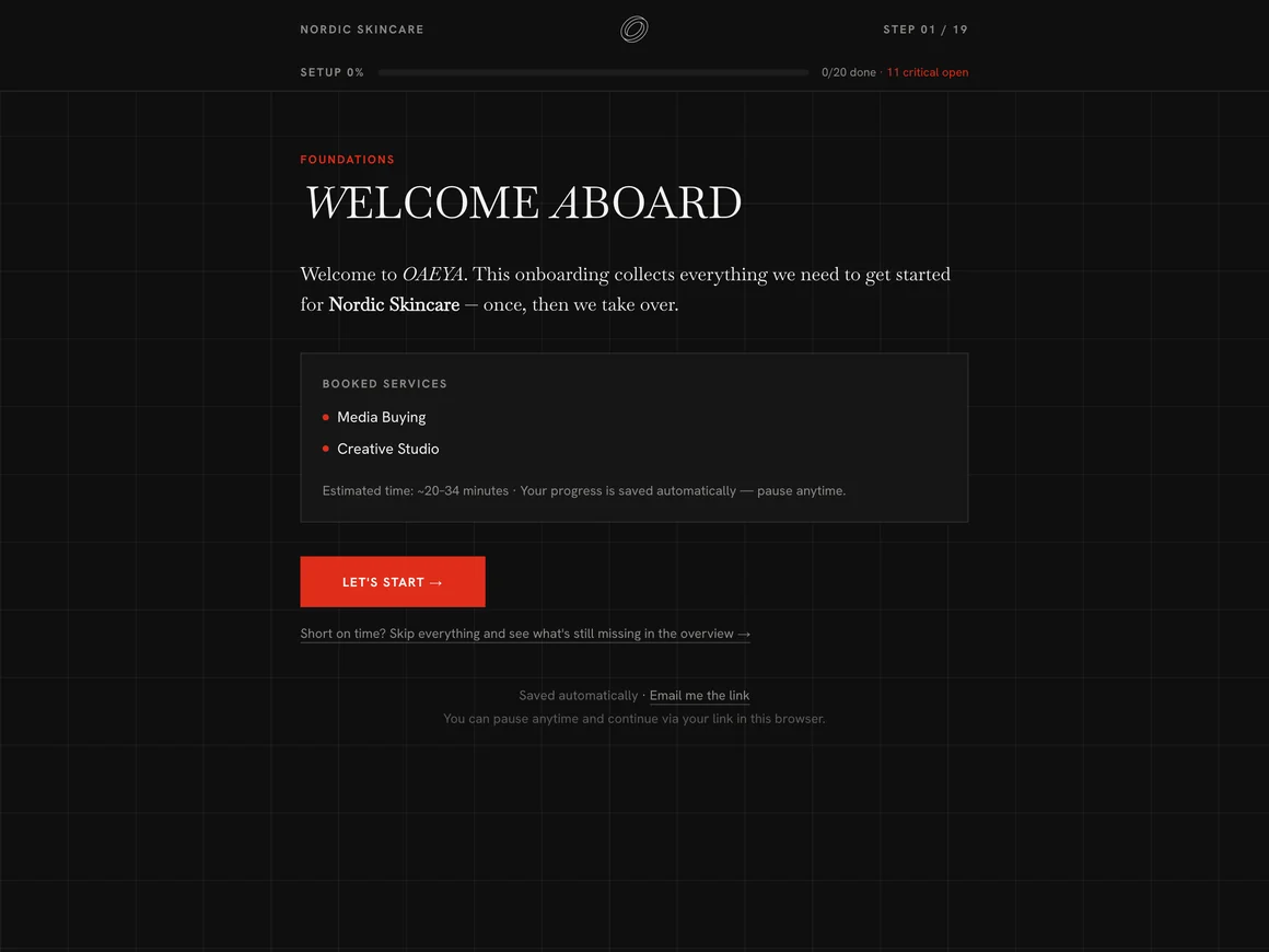 OAEYA client onboarding — welcome step