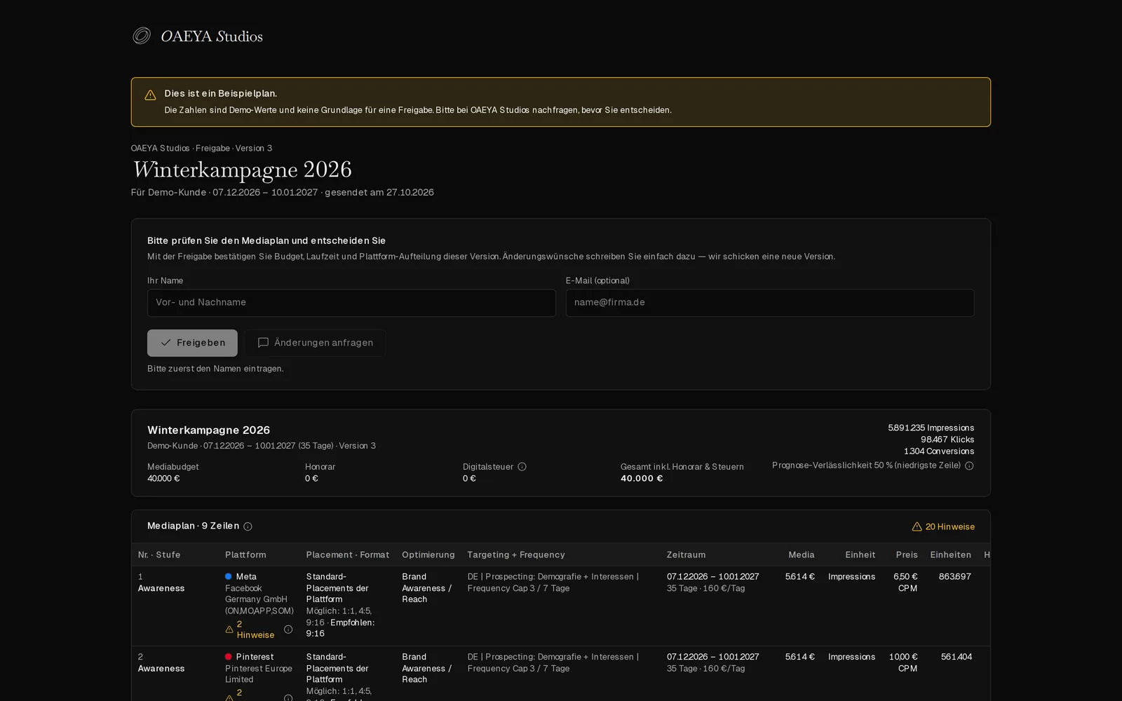 Client approval page with the plan, the total and buttons to approve or request changes