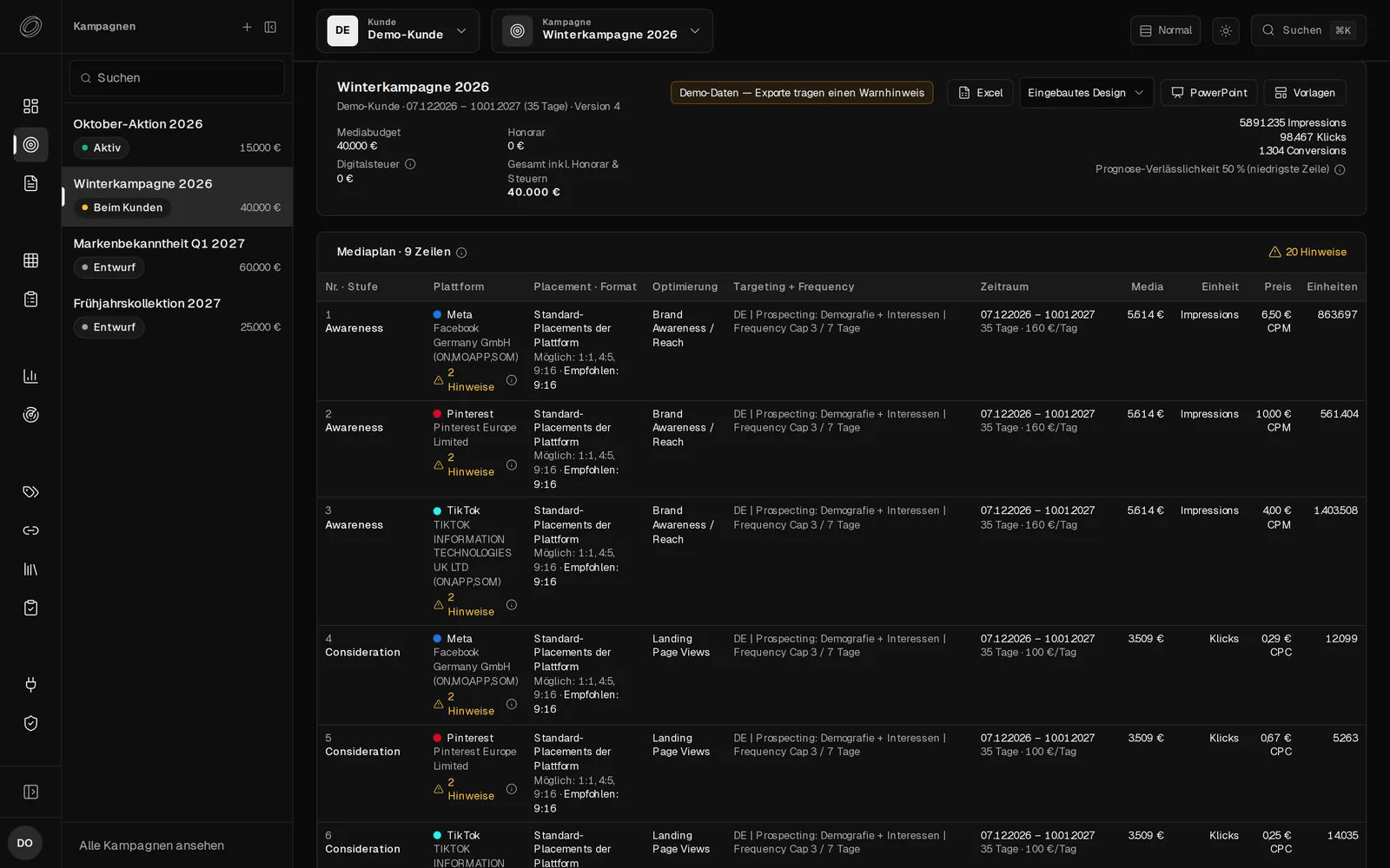 Media plan with forecast, nine lines and buttons for Excel and PowerPoint export