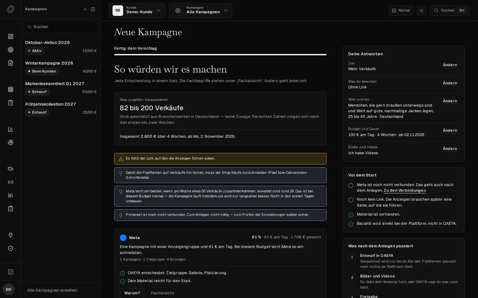 Proposal with a pre-launch checklist and the campaign structure per platform